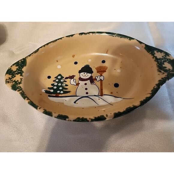 Country Snowman Stoneware Oval Casserole Dish Set Of 2 6” & 10” No Box - Picture 6 of 12